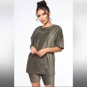 Olive Velour Biker Short Set with Ribbed Material